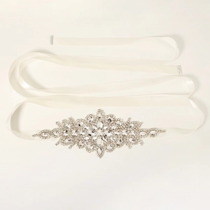 Luxury bridal wedding belt with ivory satin ribbon and radiant rhinestone floral patterns