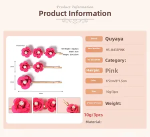 Detailed specs for pink rose hair clip set featuring imitation pearls and alloy base