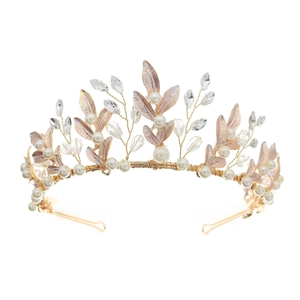 Elegant gold bridal tiara with white pearls, crystals and metallic leaf ornaments