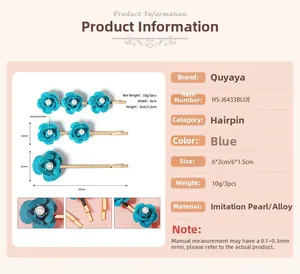 Detail view of blue rose and pearl hair clip set with 60mm dimensions and alloy material