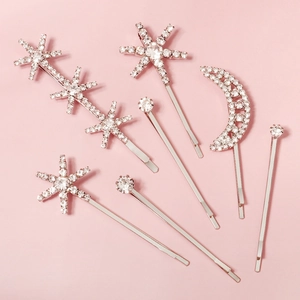 Barrettes à Cheveux Étoile et Lune en Strass de Style Coréen Alliage d'Argent Pinces Plates Géométriques pour Femmes Accessoires