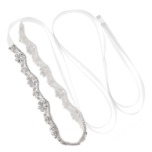 Elegant white silk bridal sash with sparkling rhinestone and pearl floral ornaments