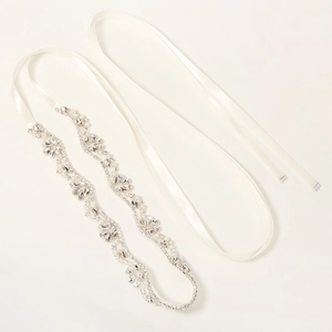 Elegant bridal wedding sash with crystal rhinestones and pearls on ivory satin ribbon