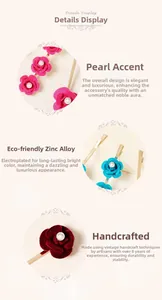 Detail display of velvet rose hair clips with pearl centers and alloy finish