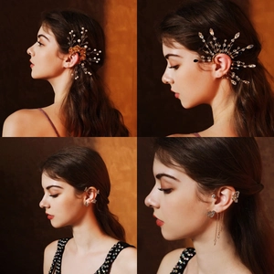 Elegant bridal pearl and rhinestone ear cuffs with floral accents and butterfly tassels