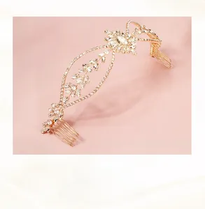 Detail view of handmade gold wire bridal hair comb featuring premium rhinestones