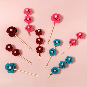 Vintage Alloy Velvet Rose Flower Hair Clip Set With Artificial Pearl Sweet Korean Style Hairpins For Women Wedding Party Jewelry