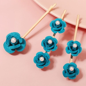 Three-piece set of peacock blue rose hair clips with pearls and gold metal base