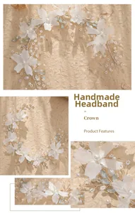 Detail view of handmade cream floral headpiece with pearls and delicate fabric flowers
