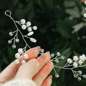 Handmade bridal hair vine with silver wire, white pearls and crystal beads for weddings