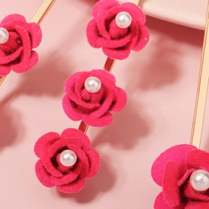 Elegant rose-red flocked flower hair clip with pearl center on gold metal barrette