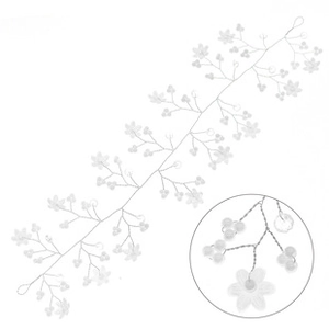 Detail showing bridal hair vine with faux pearls and white acrylic floral elements