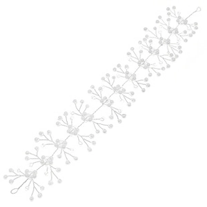 Detail of silver wire bridal headband with white pearls and crystal flower vine
