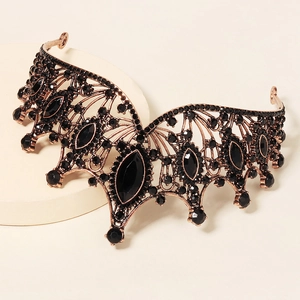 Baroque vintage black rhinestone bridal crown with antique gold alloy and hollow design