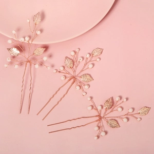 Bridal Hair Pins Rose Gold Leaf Rhinestone Imitation Artificial Pearl Hair Fork For Wedding Party Women Updo Jewelry Accessories