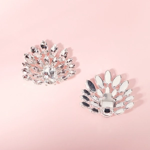 Detail of fan-shaped rhinestone shoe clips with silver base and secure metal buckles