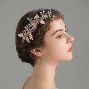 Handmade Floral Hair Accessory Gold Rose Gold Flower Bridal Headwear Faux Artificial Pearls Rhinestone Crystal Wedding Party Women Jewelry