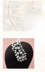 Detail view of handcrafted bridal headband with faux pearls and crystal beads on wire