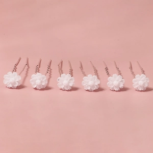 Set of 6 white flower bridal hair pins with U-shaped silver metal clips for elegant styling