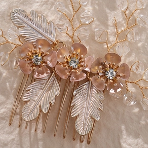 Elegant bridal hair comb with champagne floral enamel and sparkling crystal beads