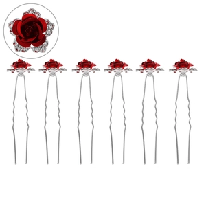 Lot de 6 épingles à cheveux roses rouges en forme de U avec strass pour mariée élégante