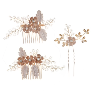 Handmade pearl bridal hair comb set with crystal flowers and champagne gold leaves