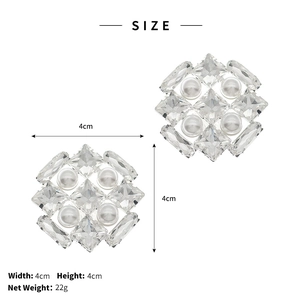 Detail showing dimensions of square rhinestone and pearl shoe clips for bridal footwear