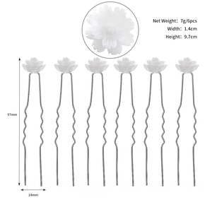 Detailed view of six white floral hair pins with size and weight specifications