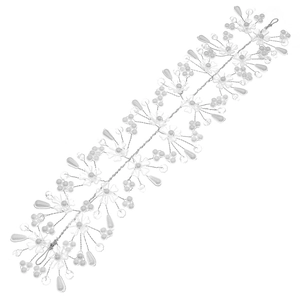 Silver bridal hair vine with delicate white flowers, pearls and crystals for wedding styling