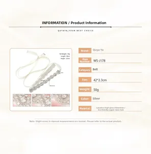 Detail view of silver rhinestone wedding sash with 42x2.3cm dimensions and white silk ribbon