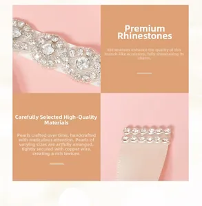 Detailed macro view of hand-sewn wedding belt featuring rhinestones and pearls