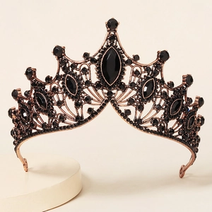 Luxurious Baroque bridal crown with vintage bronze frame and elegant black crystals