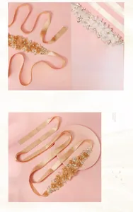 Dettaglio ravvicinato della cintura da sposa artigianale con fiori di cristallo e nastro
