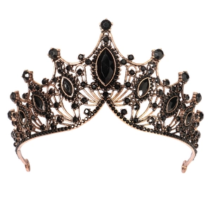 Baroque retro bridal crown featuring vintage bronze metal and elegant black rhinestones