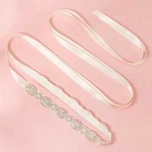 Elegant bridal sash with pearls and rhinestones on off-white satin ribbon accessory
