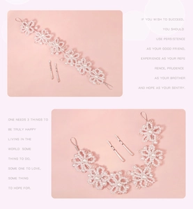 Detail of handmade floral bridal headband with white pearls and crystal beads