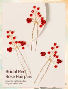 Détails de trois épingles à cheveux à fleurs rouges faites main pour coiffures de mariée
