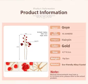 Détail d'épingles à cheveux en cristal rouge avec base dorée et spécifications techniques