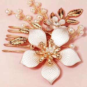 Elegant bridal gold hair comb with handcrafted white crystal flowers and pearls