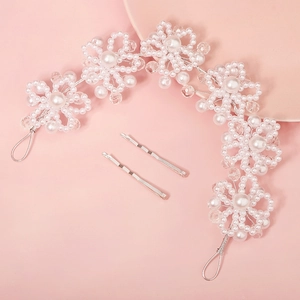 Handmade Artificial Pearl Crystal Flower Headband Silver Alloy Wire Wedding Party Hair Accessory Korean Style Bridal Tiara For Women