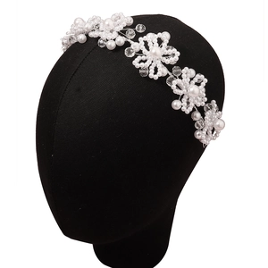 Elegant bridal floral headband with handmade white faux pearls and clear crystals