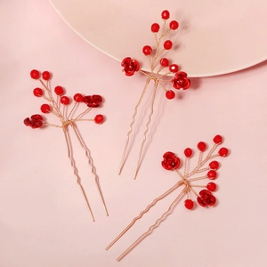 Pics à Cheveux de Mariée Style Chinois Rose en Cristal Rouge Set Fait à la Main en Alliage Doré pour Mariage