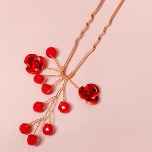 Épingle à cheveux de mariée chinoise en U avec fil doré, cristaux rouges et roses