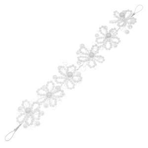 Handmade bridal headband featuring crystal pearls and white floral beaded patterns