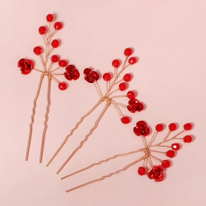 Épingles à cheveux mariée avec perles cristal rouges et roses dorées pour chignon