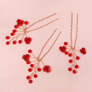 Set de 3 épingles à cheveux mariée rose rouge avec cristaux et métal doré en U