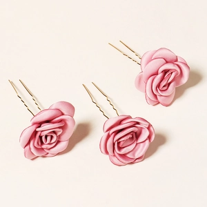 Lot de trois épingles à cheveux roses élégantes en tissu avec clips en métal doré
