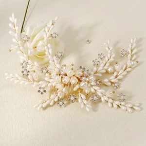 Handmade bridal hair comb with gold wire pearls and rhinestones for wedding styling