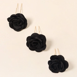 Lot de trois épingles à cheveux roses noires en tissu avec clips en métal doré en forme d'U