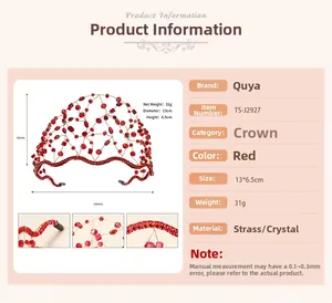 Detail of red beaded crown featuring crystal rhinestones and size dimensions 13x6.5cm